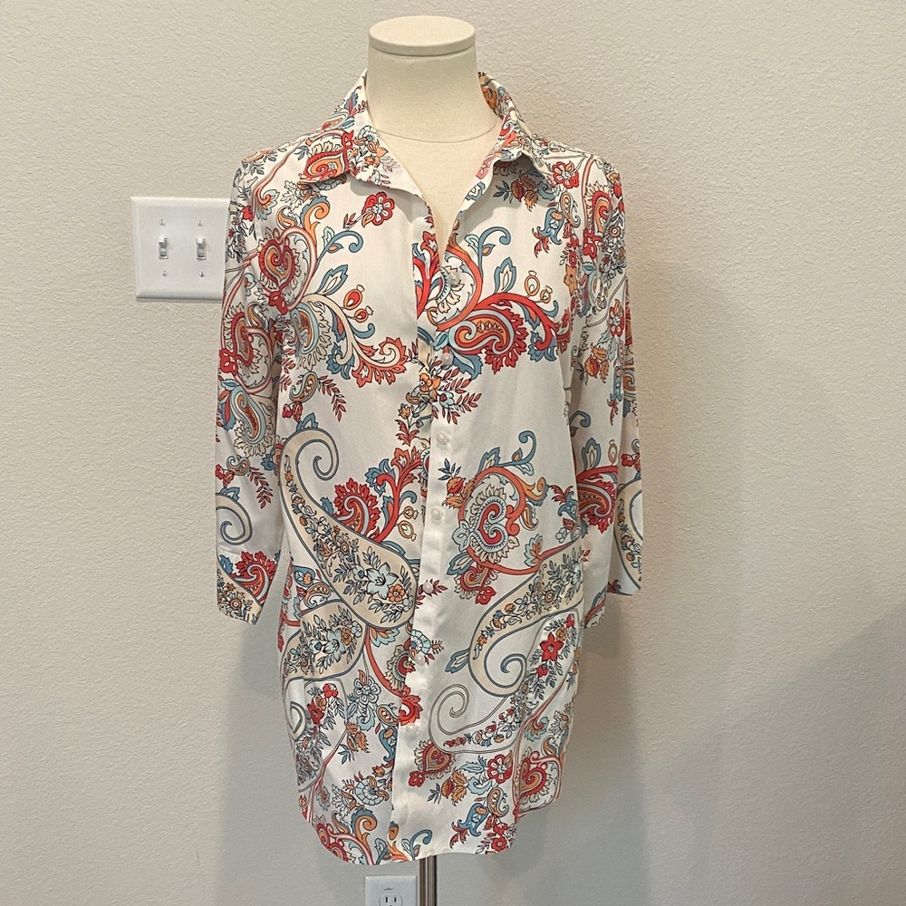 Chico's No Iron Button-Down Shirt Paisley Print Large